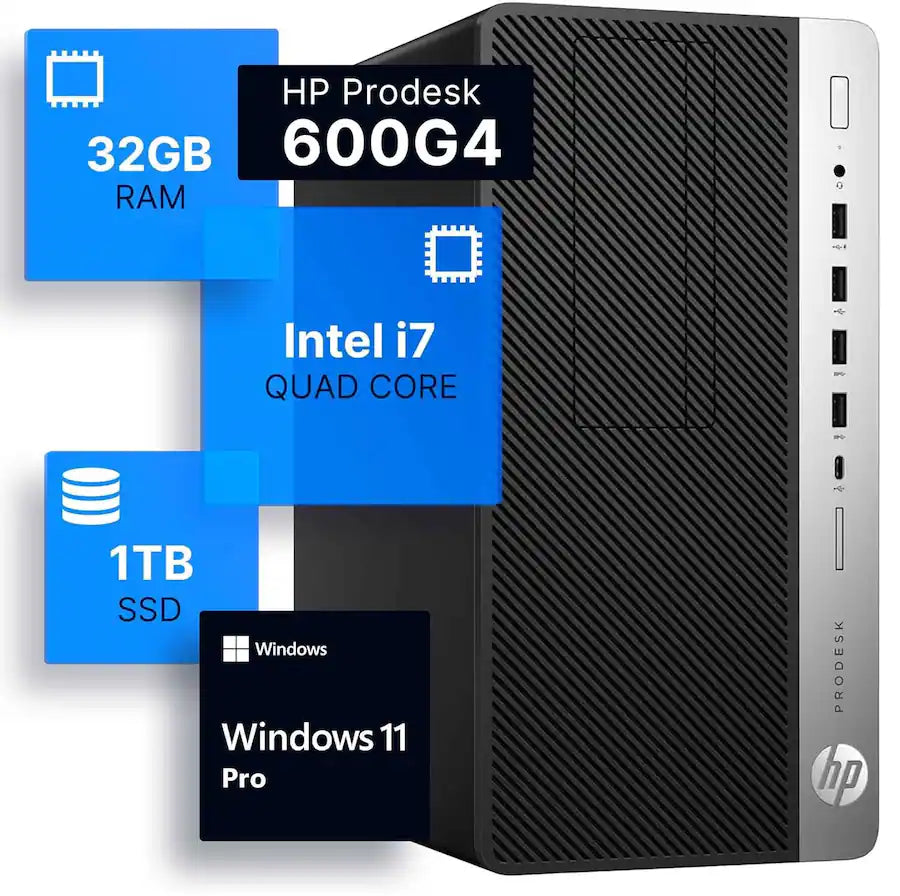 HP - Refurbished Excellent - ProDesk 600G4 Tower Desktop PC, Intel Core i7-8700 up to 4.6GHz, 32GB DDR4 RAM, 1TB SSD, USB WiFi, DVDRW, Win11 Pro - Black