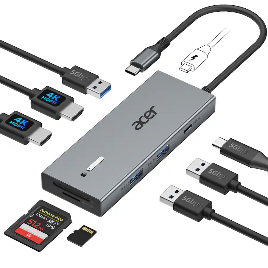 Acer - USB C Docking Station Dual Monitor With 4K HDMI, 9-IN-1 Docking Station with USB A&C 3.0, SD/Micro SD, 100W Charging - Gray