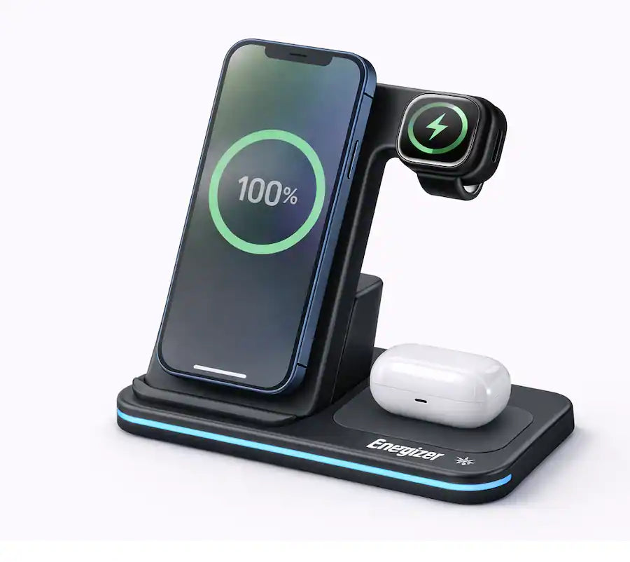 Energizer - 3-in-1 15W Foldable Qi Certified Wireless Fast 15W Charger, Charging Station/Stand for iPhone + AirPods + Apple Watch - Black